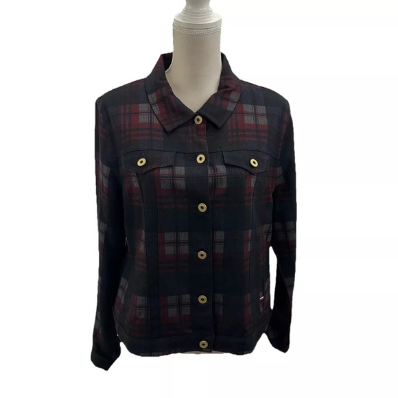 Tommy Hilfiger Jacket Womens Large Plaid Trucker Button Front Preppy Casual - Picture 2 of 9